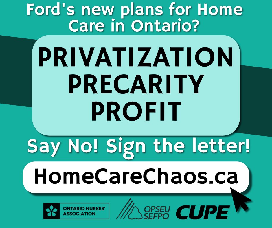 The @Fordnation conservative government's Bill 135 is set to cause home care chaos on June 28 by opening the door to increased privatization and a lack of oversight over how Ontarians receive home care. 

Say NO to this terrible plan: opseu.org/homecarechaos/
#onpoli #onhealth