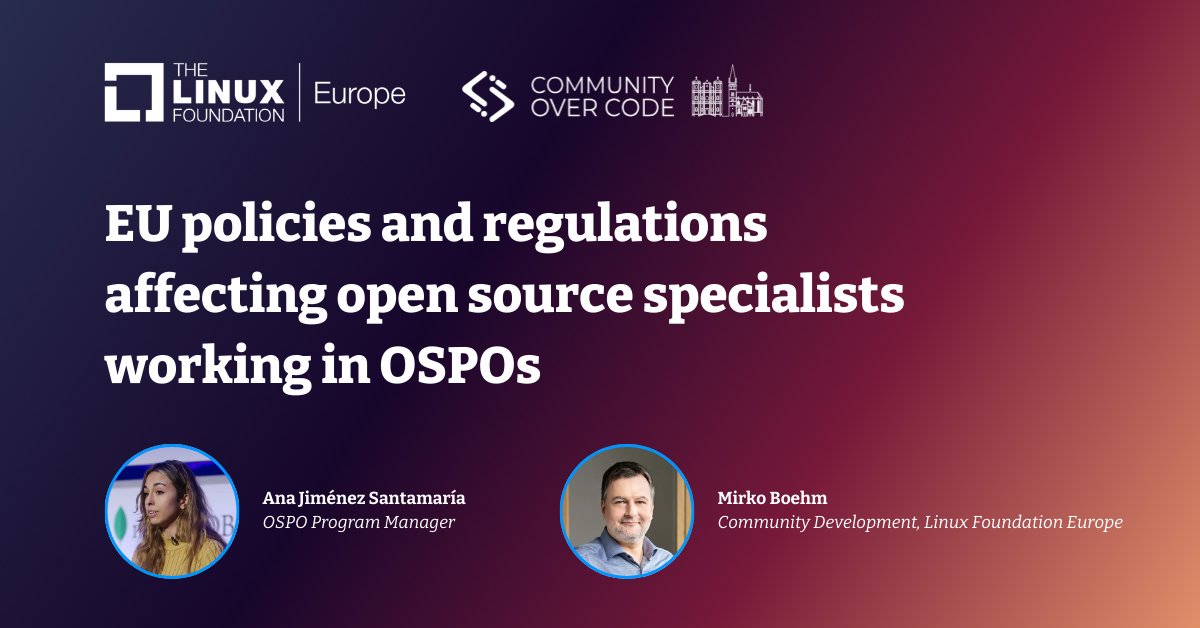 📢 Save the date for #CommunityOverCode, June 3-5 in Bratislava! Join Ana Jiménez Santamaría & Mirko Boehm as they discuss EU policies affecting open source specialists in OSPOs. #OpenSource #LinuxFoundationEurope hubs.la/Q02swl6B0