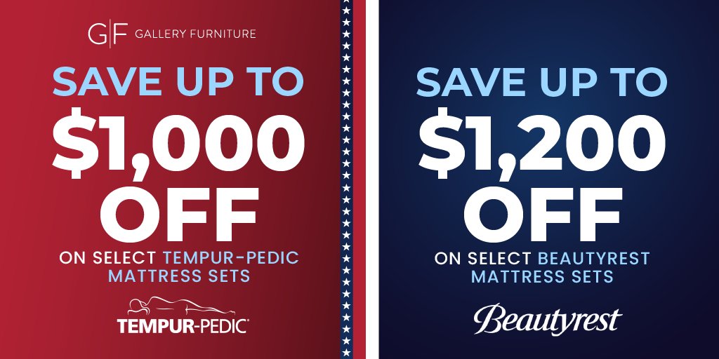 Experience ultimate comfort with Memorial Day Mattress Savings on top brands like Tempur-Pedic, Simmons Beautyrest, and Serta mattresses. Plus, get a FREE $300 sheet set with purchase when you fill out the form at galleryfurniture.biz/44xtnj8. Shop now!