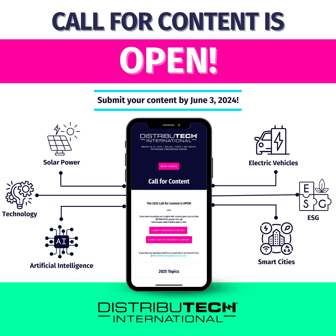 📣 Friendly Reminder! 🌟 The call for content remains open for #DISTRIBUTECH25! Your insights can help sculpt next year's conference and Utility University! Act fast—submissions are welcomed until June 3, 2024. Click the link to submit: ow.ly/cluy50RvWBp