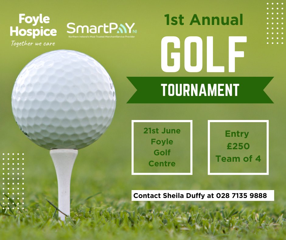 The First Foyle Hospice Annual Golf Tournament will take place on Friday 21st June at Foyle Golf Centre. This event is proudly sponsored by the amazing @SmartPayNI! We are accepting 18 teams of 4, to compete. To book your spot please email: noel@foylehospice.com #foylehospice