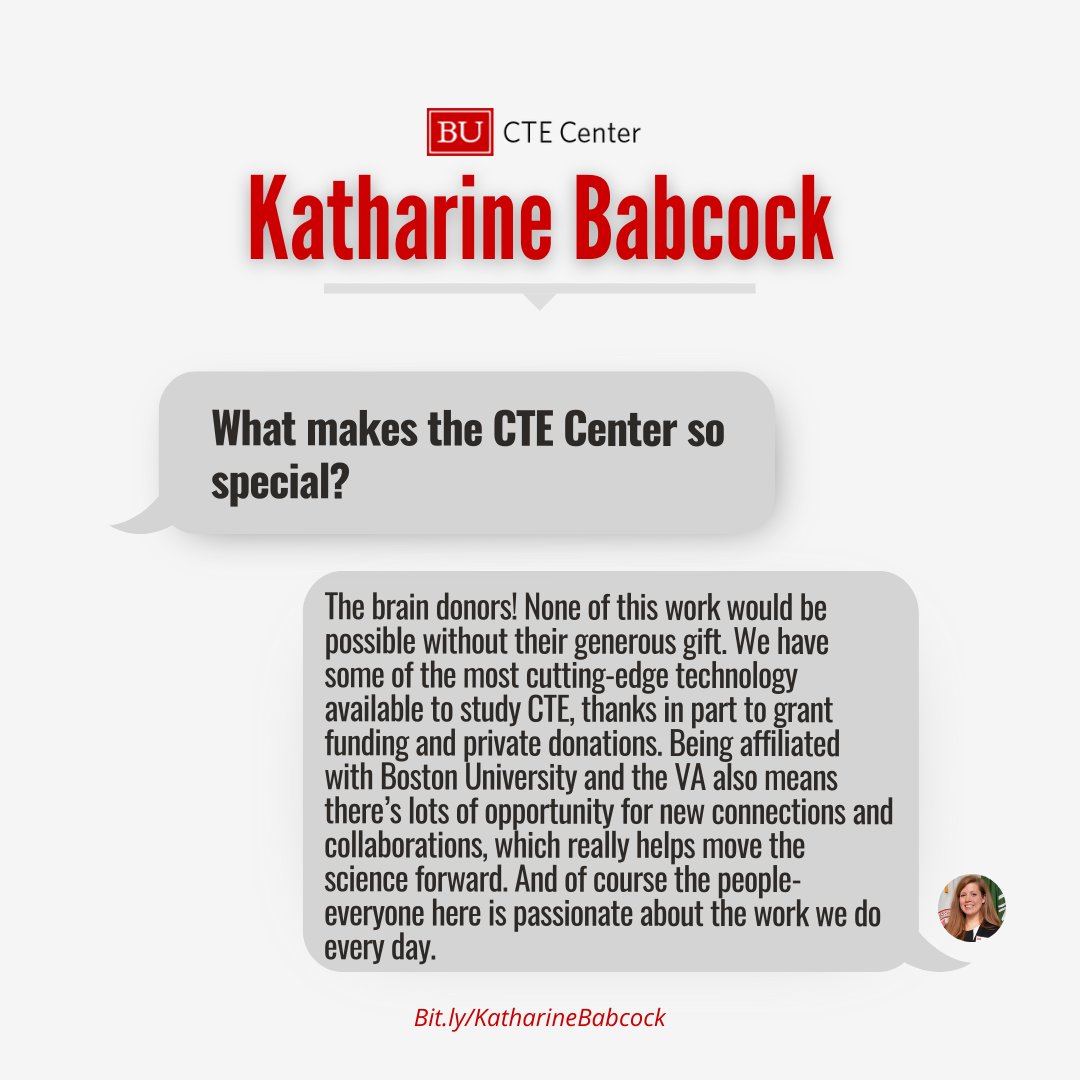 We sat down with this week's #StaffSpotlight, Postdoctoral Research Associate Katharine Babcock, to talk about her time at the BU CTE Center. To learn more about Katharine and her research please go to bit.ly/KatharineBabco…