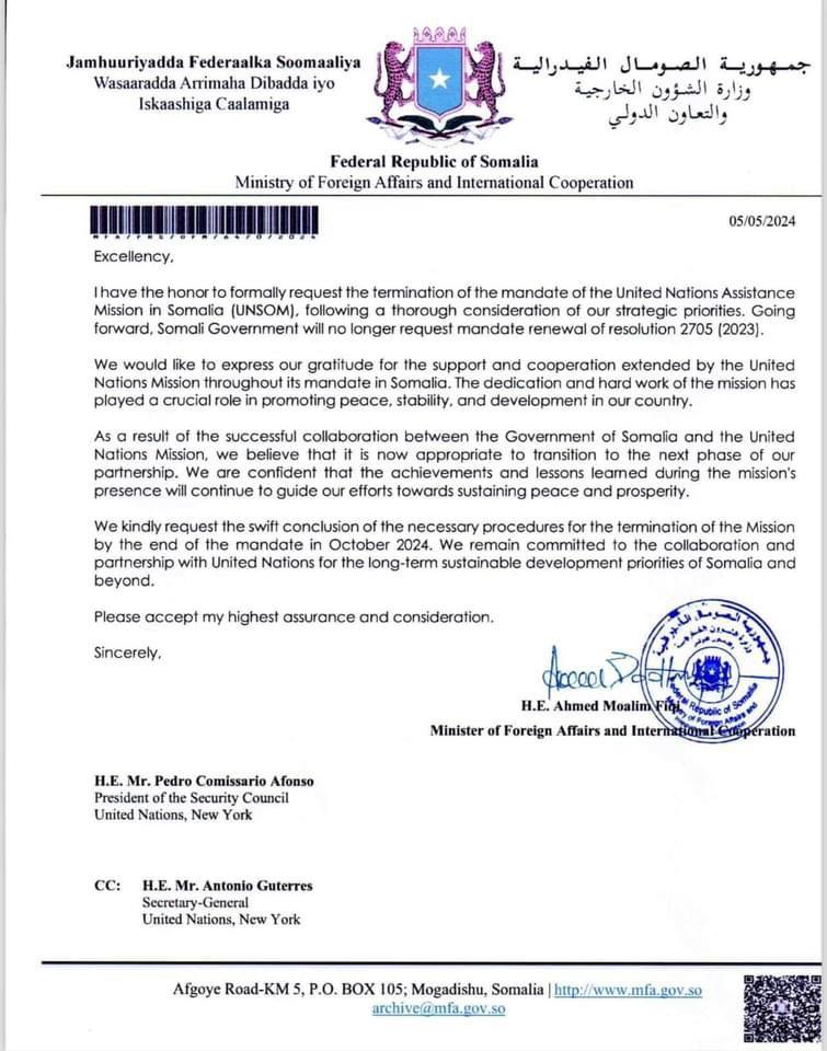 Yesterday, rump #Somalia🇸🇴 delivered to the #UN🇺🇳 a letter requesting the termination of @UNSomalia at the end of its current mandate in October. Coupled with the expiration of @_AfricanUnion’s @ATMIS_Somalia, the prospects for regime security in Mogadishu are not looking good.