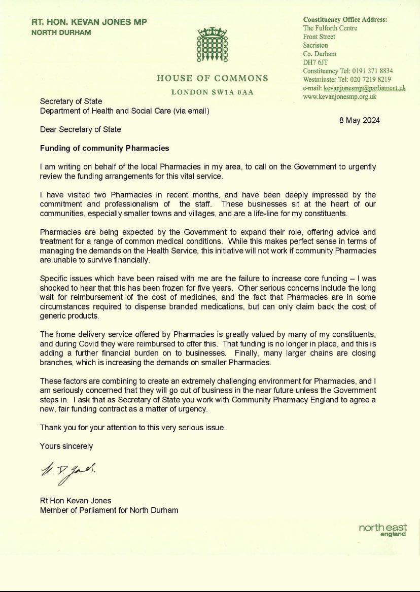 Community Pharmacies are a life-line for many of my constituents, but are struggling to survive financially. I have written to the Health Secretary calling on him to fund them properly, and ensure that they are able to continue offering their vital services.