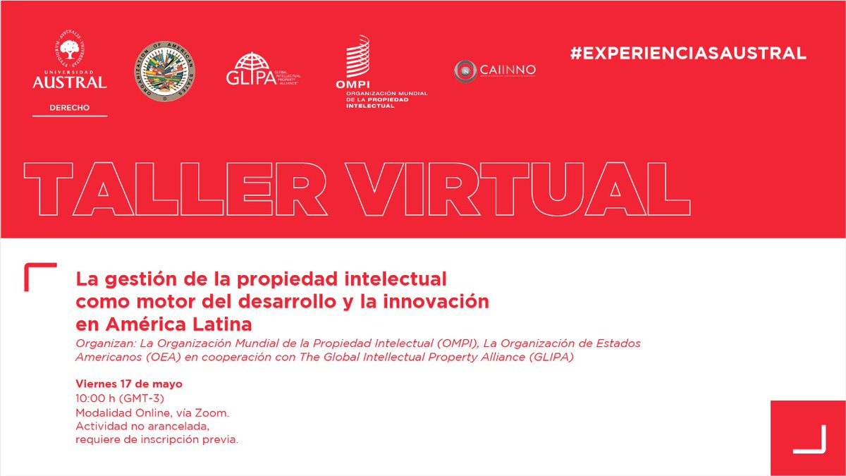 El Taller "La gestión de la propiedad intelectual como motor del desarrollo y la innovación en América Latina" inscripción: forms.gle/fJP7r3amiA4eeS… 
Viernes, 17 de mayo de 2024 – 10 hs (GMT -3) 
Quedan todos invitados #CPI #GLIPA #WIPO #OEA