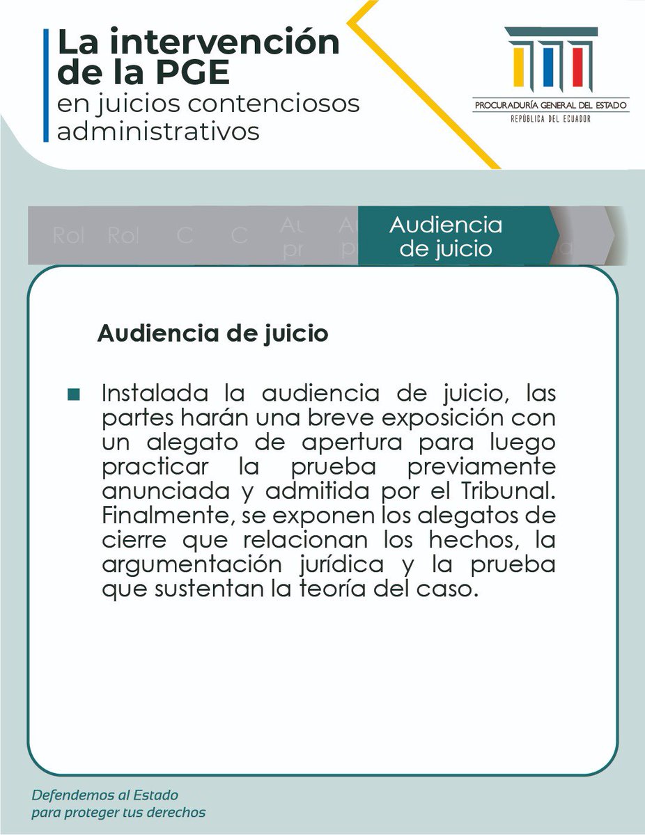 #PGECapacita🇪🇨| La intervención de la PGE en los juicios contenciosos administrativos: Instalada la audiencia de juicio, las partes harán una breve exposición con un alegato de apertura para luego practicar la prueba previamente anunciada y admitida por el Tribunal. ⬇️⬇️⬇️