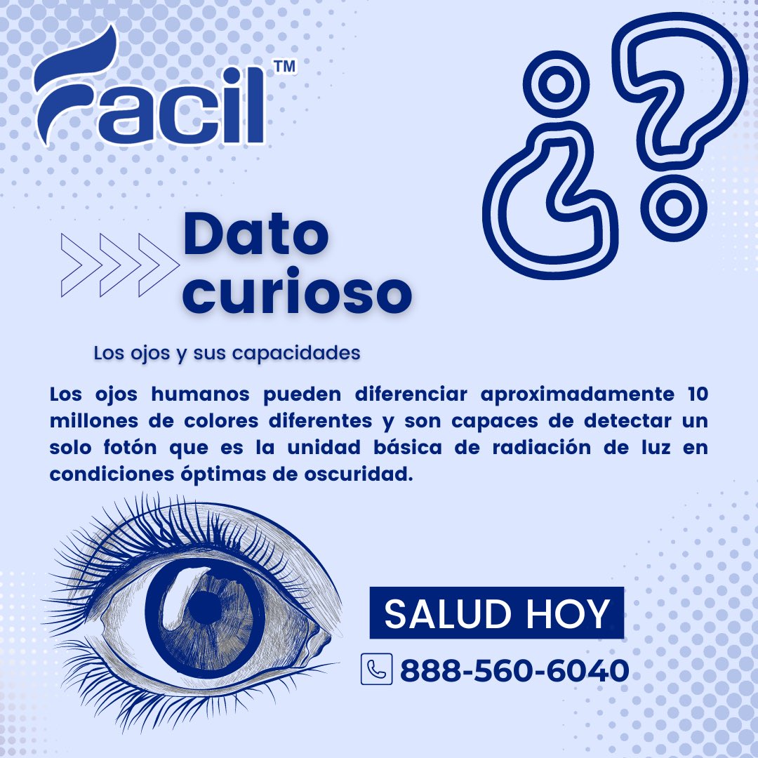 Dato #curioso ⁉️🤔
👁️ Los ojos y sus capacidades 👀
.
.
.
#facil #FacilHealth  #ClinicaMedica #CuidadoDeLaSalud #MedicinaGeneral #SaludIntegral #BienestarIntegral #PrevencionEsSalud #EspecialidadesMedicas #AtencionPrimaria #ServiciosDeSalud #ConsultaMedica #SaludMental