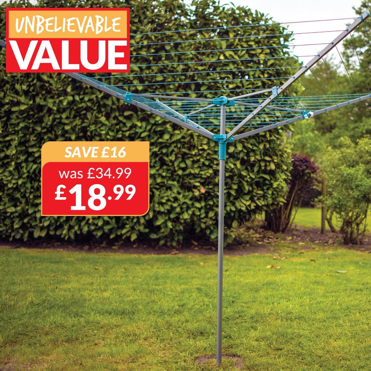 💥 UNBELIEVABLE VALUE 💥 😍👉 Shop today & SAVE £16 OFF the My Home Four Arm Rotary Airer bit.ly/4dzImwS ✨ With 45 metres of drying space PLUS folds down when not in use! 🏃 ➡️ 🛒Available IN-STORES & ONLINE 🖱️ Click & Collect available in as little as 1 hour!