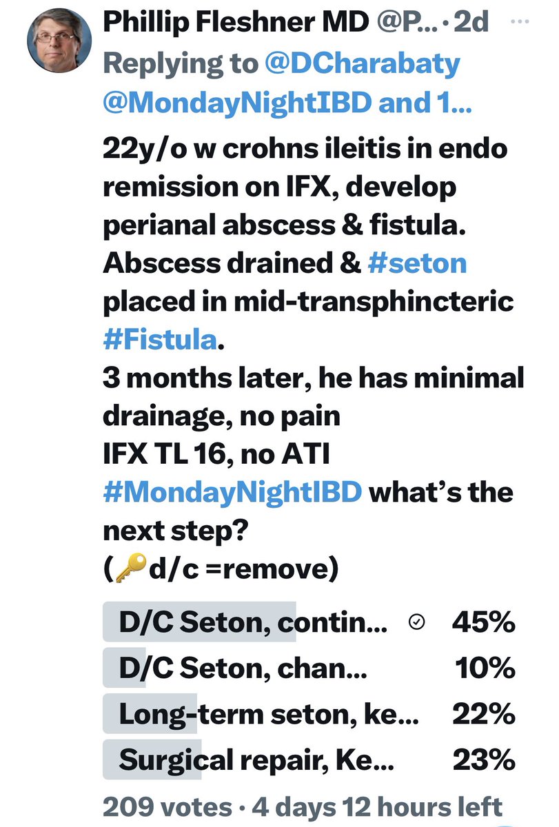 #ThursdayThanks #MondayNightIBD🏘️ brainstorming: What’s next after #Seton for #Crohns perianal #fistula? @PhilFleshnerMD: PISA is leaning towards early seton removal & surgical closure after TNFi induction ✅#IBDAlgo by 🌟 @JosephHabibi_MD👇🏽 🗓️See you at #DDW2024 !