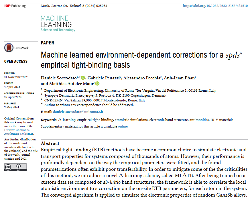 Great new work by Daniele Soccodato et al @QuantumATK @IsmnCnr @unitorvergata -'Machine learned environment dependent corrections for a spds empirical tight-binding basis' - iopscience.iop.org/article/10.108… #machinelearning #electronicstructure #condmat #compchem #materials #AI #atomistic
