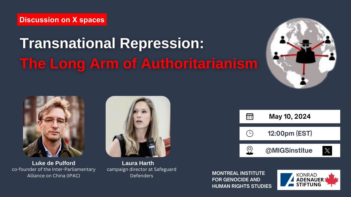 Mark your calendars! 🗓️ Discussion on transnational repression with @LauraHarth @SafeguardDefend and @lukedepulford @ipacglobal Join our Twitter X Spaces tomorrow at 12 PM. x.com/i/spaces/1ynga… @KAS_Canada