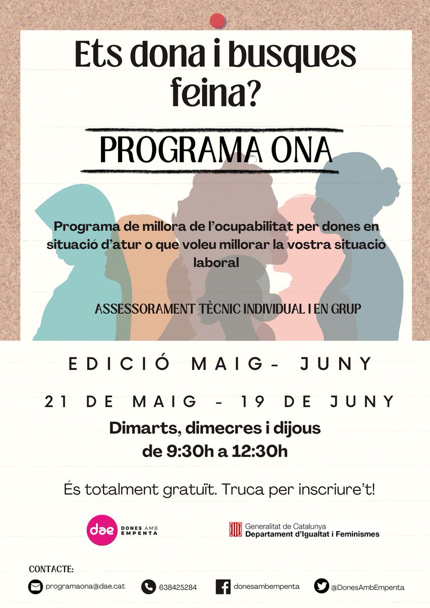 DonesAmbEmpenta's tweet image. Nova edició PROGRAMA ONA! 💥 Orientació i inserció laboral per a dones.

💜 Amb perspectiva de gènere.
💪🏾 Des de l&apos;apoderament i l&apos;autonomia.

📆 21 maig a 19 juny.
📍 Seu DAE. 

Més ℹ️ i inscripcions:
📞 638425284
💌 programaona@dae.cat 
#ProgramaONA#sortimdelaprecarietat