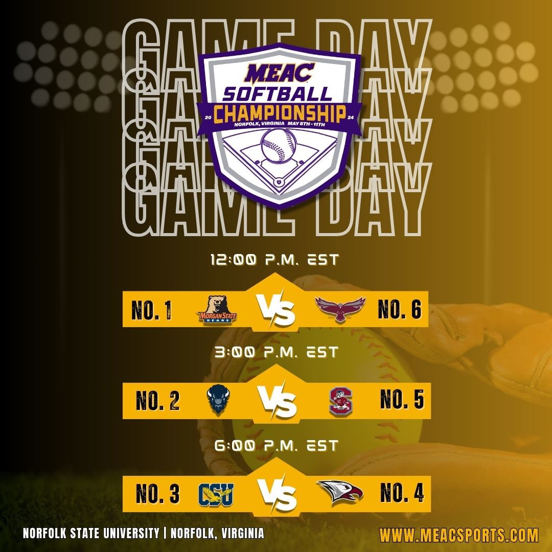 GAME DAY✌️UNDERWAY‼️🥎 Game One: #1 @MorganStBears vs. #6 @UMESHawkSports at 12:00pm E.S.T. ⏰ Game Two: #2 @HUBisonSports vs. #5 @SCStateAthletic at 3:00pm E.S.T. ⏰ Game Three: #3 @coppinsports vs. #4 @NCCUAthletics at 6:00pm E.S.T. ⏰