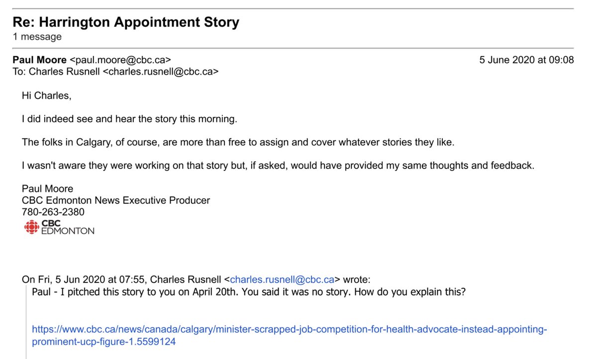 Here's an email exchange I had with Paul Moore, who was recently named CBC's head of Journalism Standards and Practices. In April 2020, when I worked at CBC, I found out premier Jason Kenney directly interfered in the hiring process for a new mental health and seniors advocate. 1