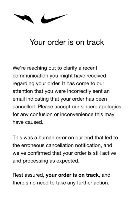ATTN: An email was wrongly sent out this morning telling some people their Dunk order(s) was cancelled. This was an error and NO orders have been cancelled. New emails have been sent to those who received the message. All orders are safe and on track.