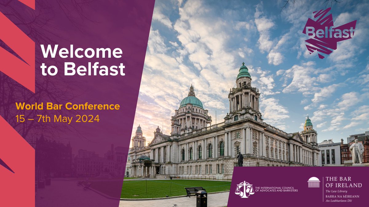 The World Bar Conference #WBC24 takes place from 15-17 May in Belfast and Dublin, bringing advocates and barristers together for three days of debate and discussion. Well done to @TheBarofNI on a fantastic programme for Belfast with world renowned speakers and panel members.