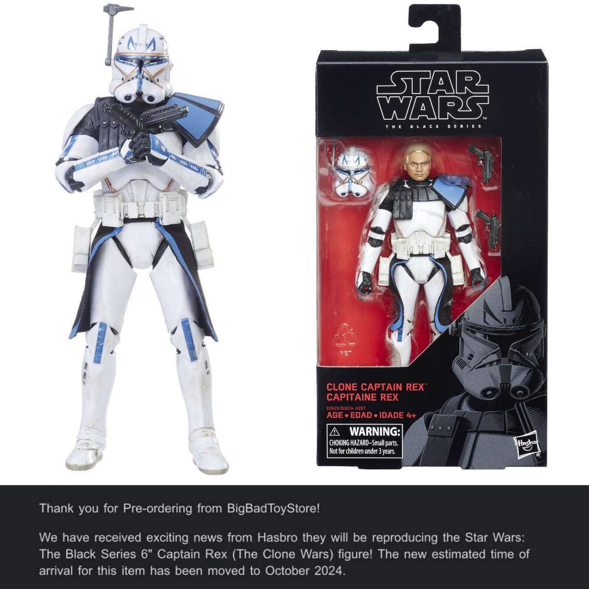 BBTS has started to send out notifications regarding the long standing preorder for TBS Captain Rex and they are confirming its release for October 2024. #hasbro #starwarsblackseries #blackseries #captainrex #starwars  thanks to all who sent in notifications