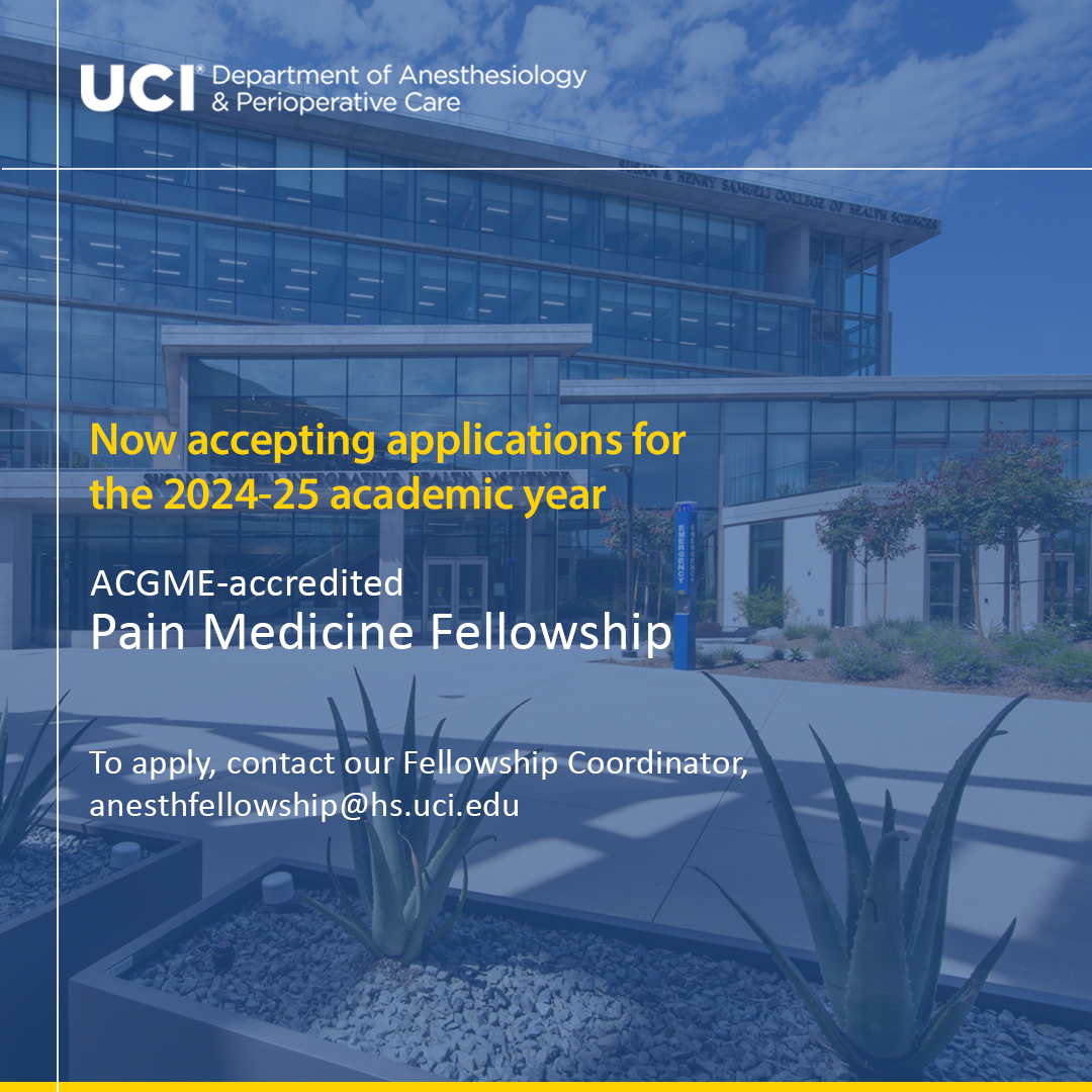 Interested in training with world-renowned faculty dedicated to innovative approaches to patient care and education? Join us at the only ACGME-accredited #painmedicine Fellowship in Orange County at @UCIMedSchool. We are currently recruiting for one position for AY2024-2025.