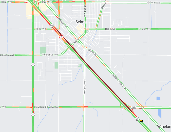 FRESNO COUNTY -  SELMA: Northbound State Route 99 reduced to one lane at 2nd Street due to collision. Traffic currently backed up 3 miles. Alternate routes are advised.