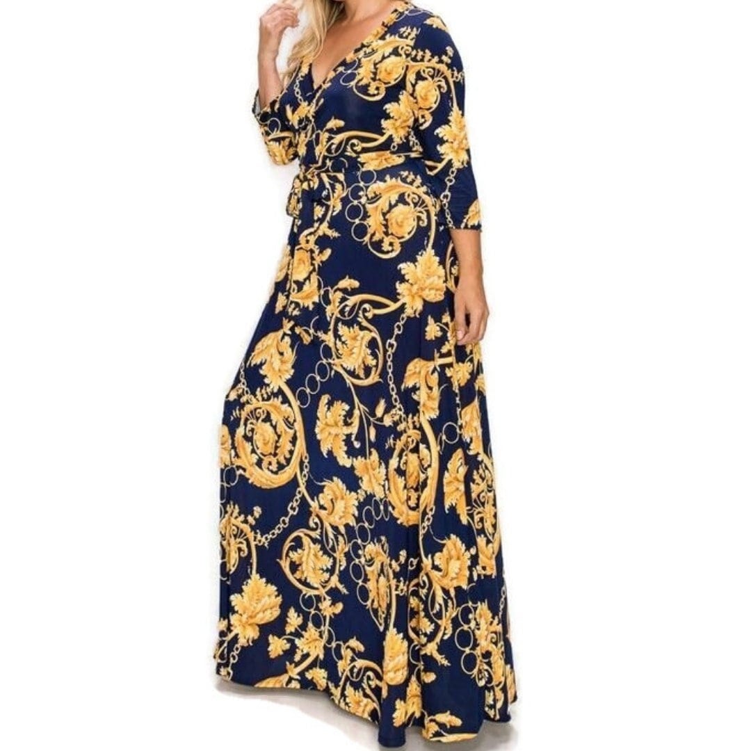 Gold Floral and Chains Navy Faux Wrap Maxi Plus Size Dress tuppu.net/419a655 #jumpsuits #smallbusiness #maxidress #wedding #plussizefashion #janettefashion #womenfashion #bridesmaid #KneeLengthDresses