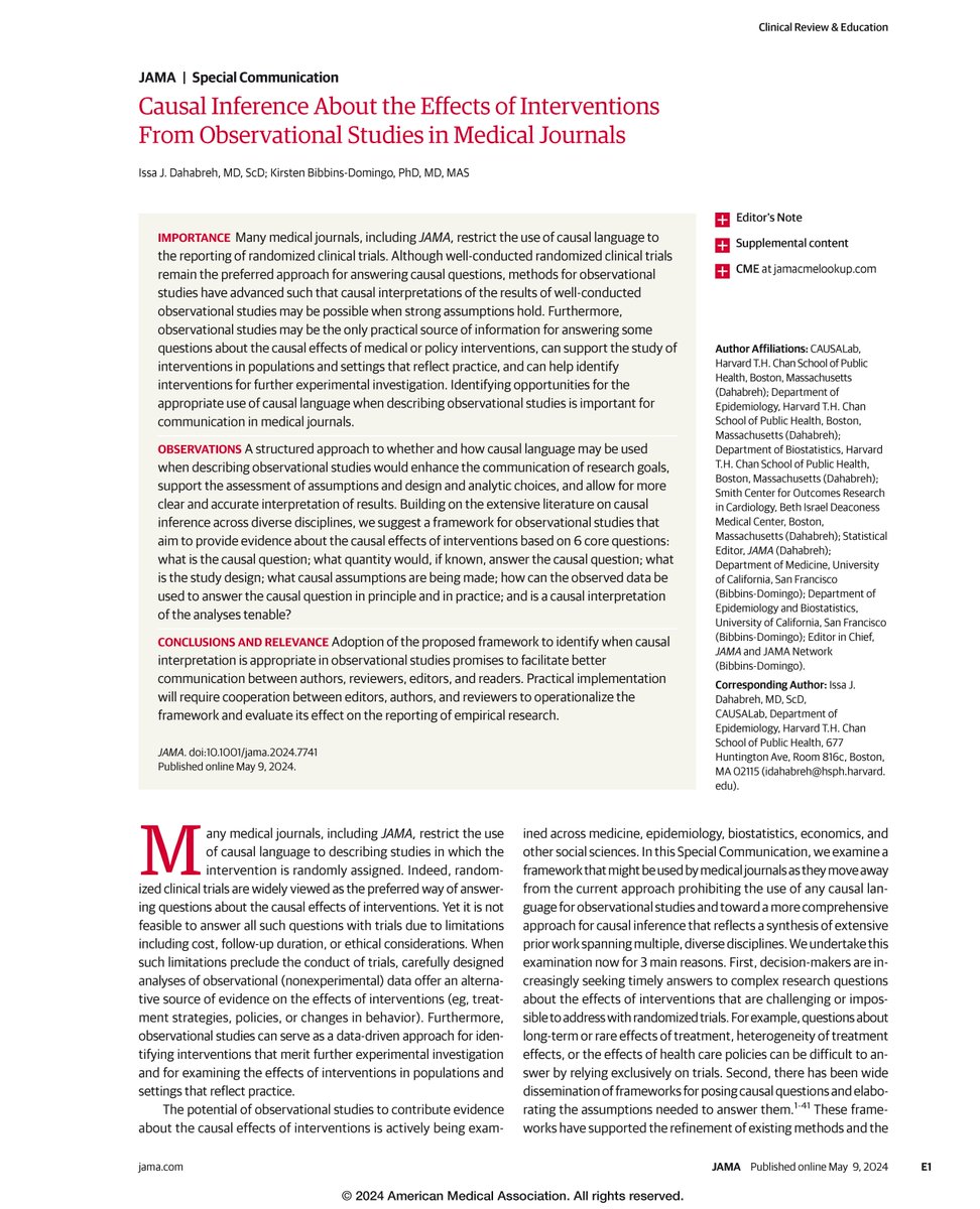 🧵 New Special Communication examines drawing causal inferences about the effects of interventions from observational studies in medical journals and suggests a framework that might be used. ja.ma/3UxeAjL