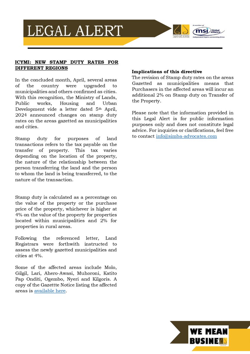 SimbaAdvocates's tweet image. #LetsDiscussit join our Ephraim Odunga on this Legal Alert:ICYMI on the revised stamp duty for the newly gazetted municipalities and cities.

#WeMeanBusiness #Stampduty