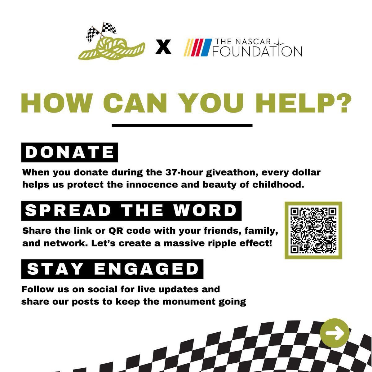 KT is one of 350 charities selected for the 2nd Annual @NASCAR_FDN Giveathon Day! Join us May 14/15 for a fundraising marathon. Let's protect children from abuse together! Scan, donate, and share to make a difference! #NASCARGiveathon Learn more:tinyurl.com/55nau3tn
