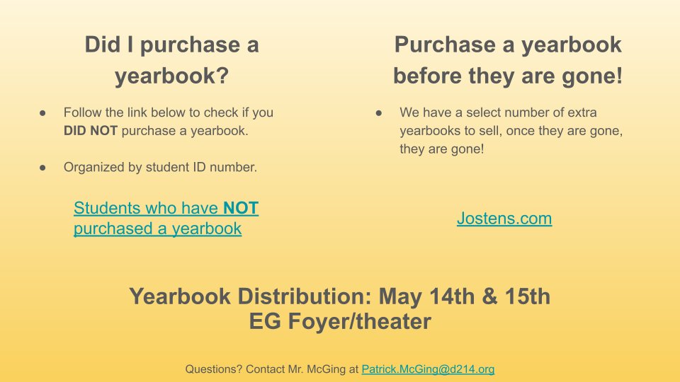 Last chance to purchase a yearbook for the 23-24 school year! We have a select number of extra books, get yours before they are gone. Yearbook distribution is May 14th &amp; 15th in the theater <a href="/EGHSmedia/">EGHS Media</a> <a href="/MsRandallEGHS/">Jackie Randall</a> <a href="/PTC_EGHS/">EGHS PTC</a> <a href="/GrenAthletics/">Elk Grove High School Athletics</a> @EGPrinciPaul