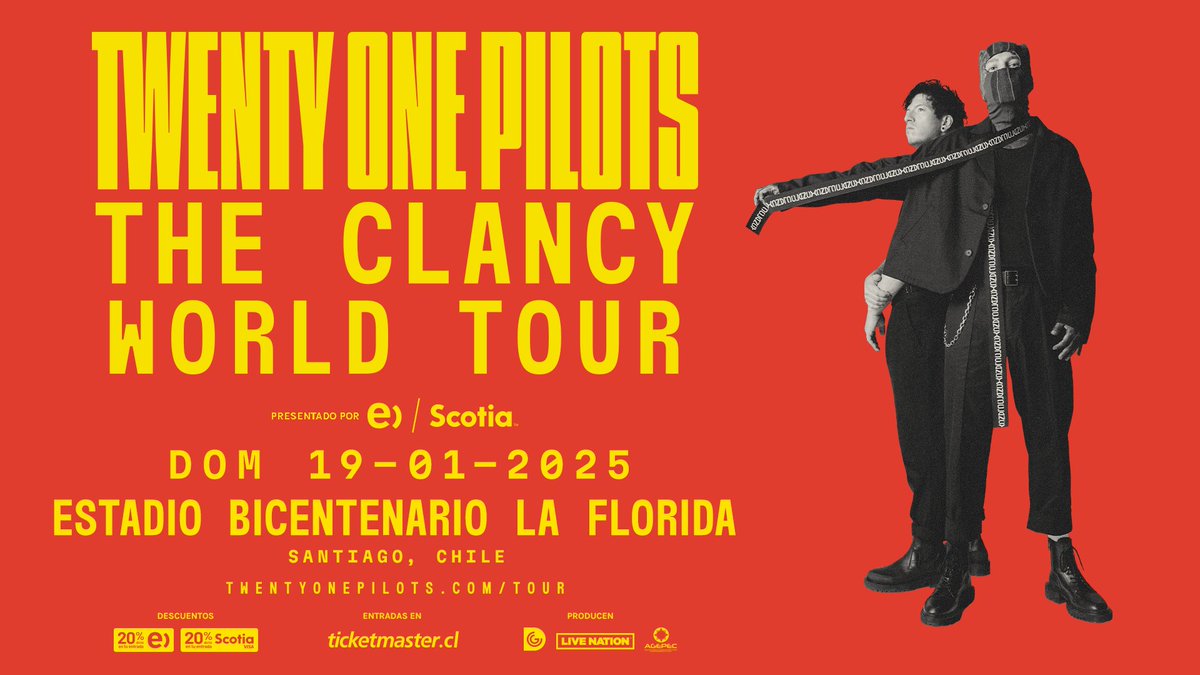 ¡YA VIENEN! 💥 @twentyonepilots – The Clancy World Tour llega a Estadio Bicentenario La Florida el 19 de enero 2025 ➡️ Preventa clientes @entel o tarjetas @Scotiachile, miércoles 15 de mayo 11am. ➡️ Venta general, viernes 17 de mayo 11.01am. 🎟️ Entradas en @ticketmastercl…
