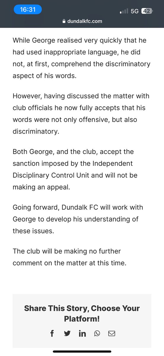 Dundalk have released a lot of strange statements in recent years but this is a new one. Basically admitting they had to explain to an Irish based player that using a referee’s Irish nationality in a discriminatory way might not be a good thing.