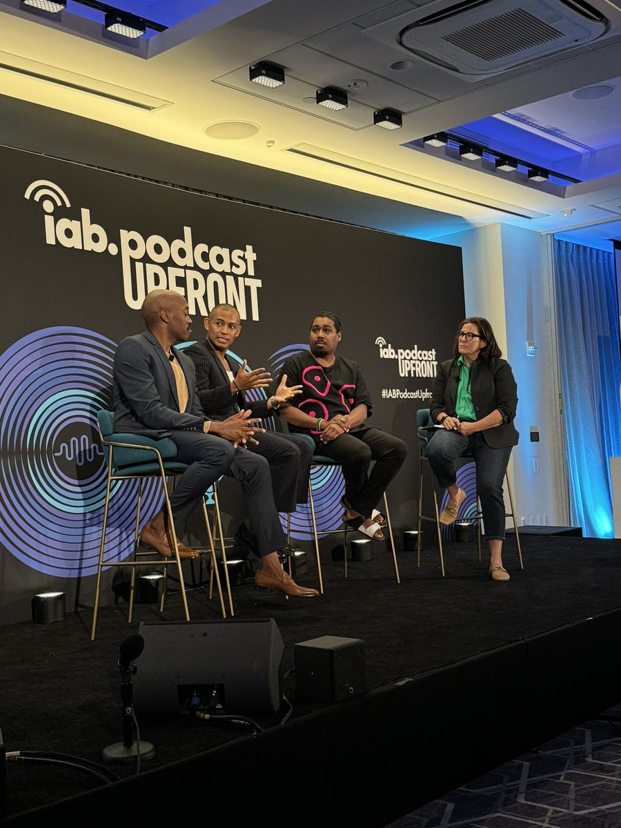 .@sarahvm (@SiriusXMMedia) said “The podcast network is the strongest network out there!” as she invited Vibe Check co-hosts @samsanders, Saeed Jones & Zach Stafford to the #IABPodcastUpfront stage 🎙️