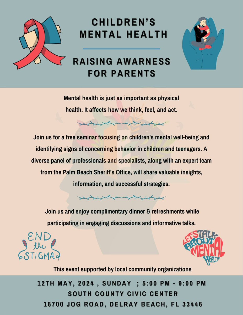 #FreeSeminar focusing on children’s mental well-being and identifying signs of concerning behavior in children and teenagers.  

Join us on May 12th from 5-9pm at the #SouthCountyCivicCenter.