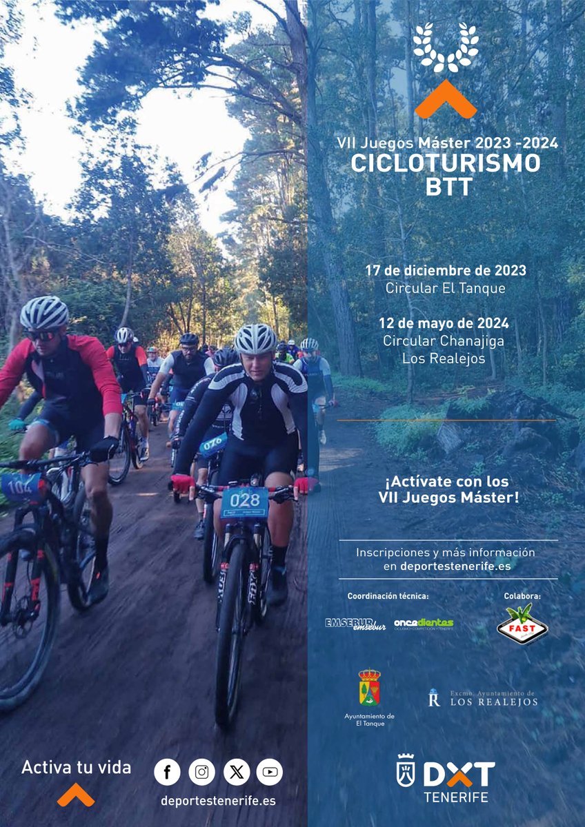 📣 Mañana viernes a las 13:00h cerraremos el plazo de inscripción para la jornada final de #cicloturismoBTT de los VII Juegos Máster ✅ Si ya has cumplido los 30, ¡nos vemos en Chanajiga! 📝 Inscripción gratuita bit.ly/3QAFENO #ActivaTuVida #JuegosMásterTF