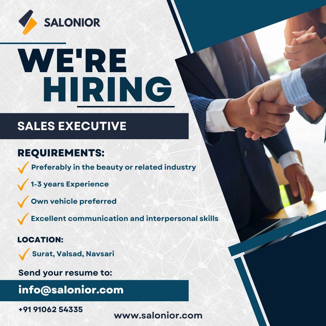 💼 Join Our Team!  Apply now and be part of our team, 
#salonior #SalesJobs #Surat #Valsad #Navsari #BeautyIndustry #SalesCareer #NowHiring #JoinOurTeam #SalesOpportunity #BeautyProducts #SalesExecutive #CareerGrowth #SalesRole #BeautySalon #BeautyTrends #SalesExperience