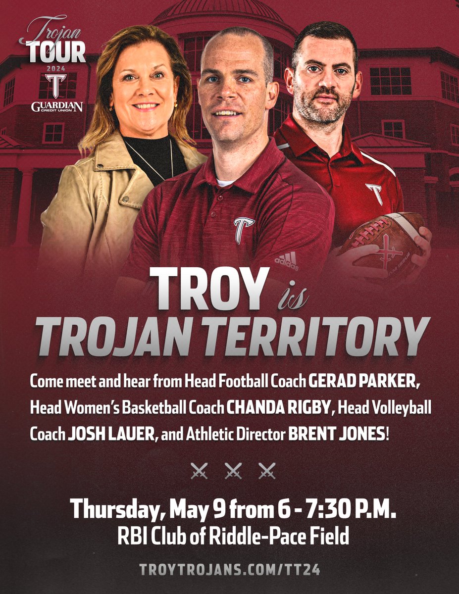 𝙃𝙤𝙢𝙚 𝙎𝙬𝙚𝙚𝙩 𝙃𝙤𝙢𝙚. Join Chanda Rigby, Gerad Parker, and Josh Lauer tonight in the RBI Club at Riddle-Pace Field for the next stop of the 2024 Trojan Tour! Admission is free for all fans! Dinner and refreshments will be provided for all in attendance! #OneTROY⚔️