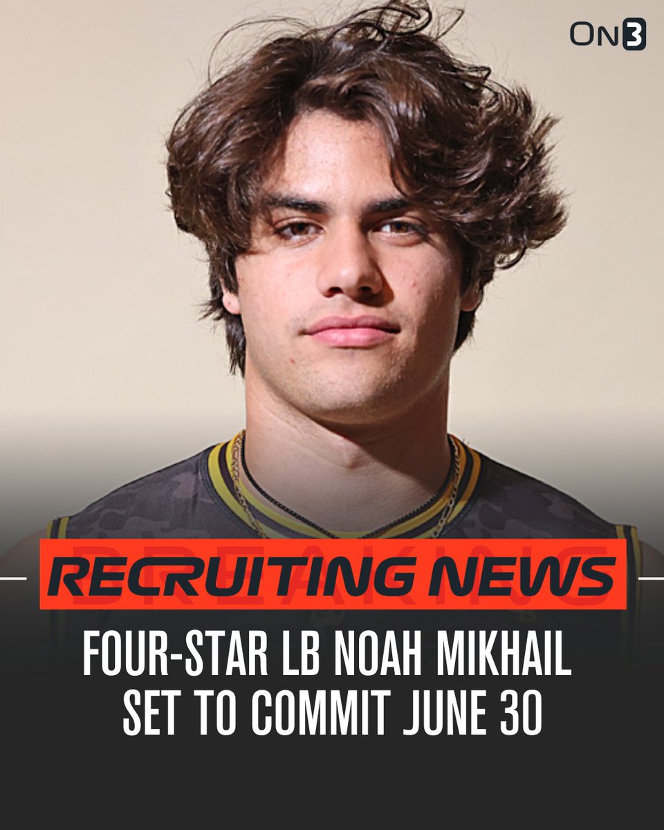 Rivals's tweet image. 🚨NEWS🚨 Top-100 LB Noah Mikhail is set to announce his commitment on June 30, he tells @ChadSimmons_⏳

Mikhail has official visits scheduled for USC, Oregon and Texas A&amp;amp;M🛫

Read: on3.com/news/4-star-lb…