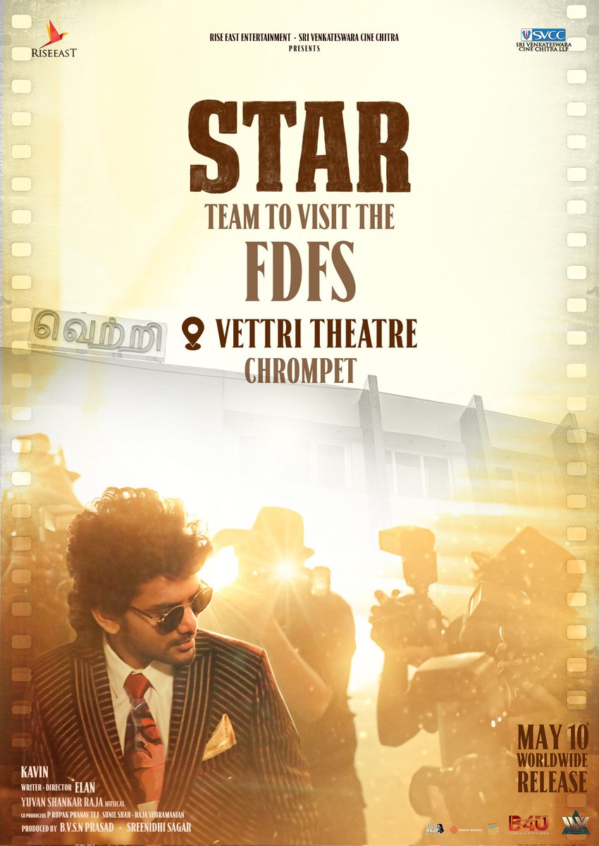 Where are you watching #Star FDFS? The team will be watching the film at @VettriTheatres at 9AM. Book your tickets now 🔥 #StarTrailer - youtu.be/5QlTZEogGrE #STARfromMay10 #STARMOVIE ⭐ #KAVIN #ELAN #YUVAN #KEY @Kavin_m_0431 @elann_t @thisisysr