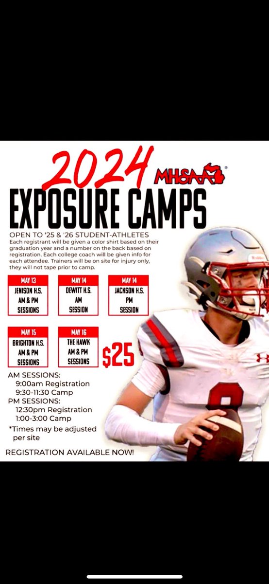 I will be attending the @MHSAA Camp on May 15th(Pm session) At brighton! @MichFBFrenzy @MIexposure @CoachAsh32 @A2_Pioneers_FB