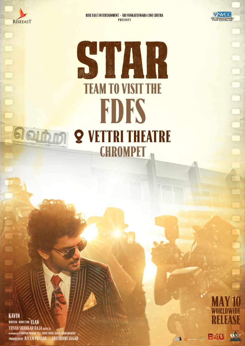 Where are you watching #Star FDFS? The team will be watching the film at @VettriTheatres at 9AM. Book your tickets now 🔥 #StarTrailer - youtu.be/5QlTZEogGrE #STARfromMay10 #STARMOVIE ⭐ #KAVIN #ELAN #YUVAN #KEY @Kavin_m_0431 @elann_t @thisisysr @aaditiofficial