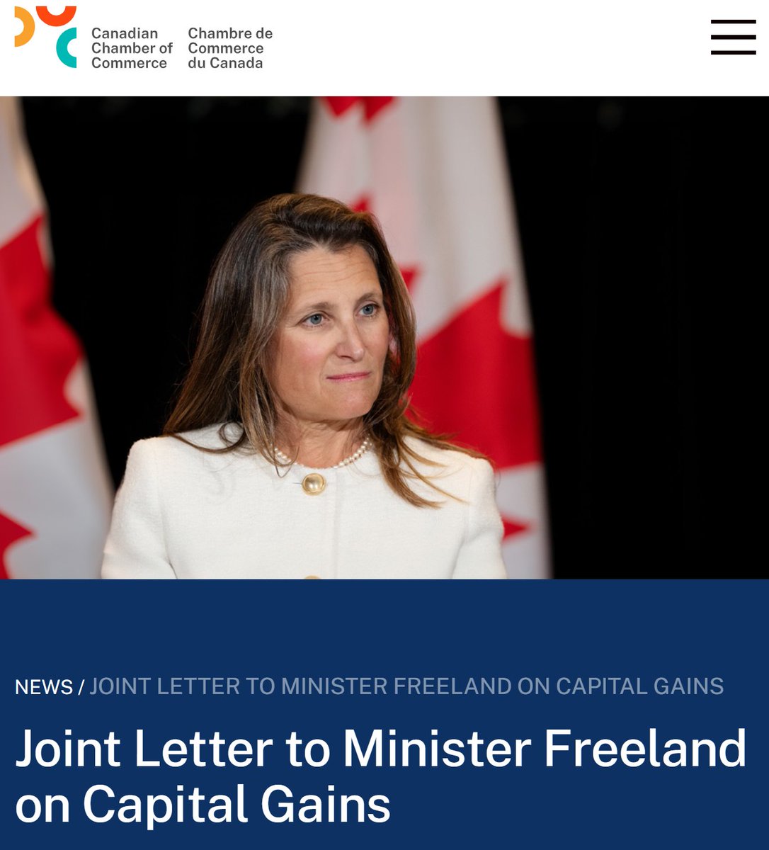 Joint Letter to Freeland on Capital Gains from Canadian Chamber of Commerce, Canadian Federation for Independent Business, Canadian Manufacturers & Exporters, CVCA, CFA & Canadian Canola Growers @CdnChamberofCom @CFIB @DennisADarby @kim_furlong @davecarey_ chamber.ca/news/joint-let…