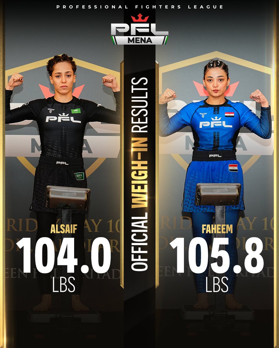 FEMALE ATOMWEIGHT FIGHT

Hattan Alsaif : 104.0 lbs
Nada Faheem: 105.8 lbs

PFL MENA | LIVE on MBC Action at 6:30 PM (GMT+3)

Tickets on SALE NOW! tr.ee/jearFHDxu1

#PFL #MMA #MakingHistory #SaudiArabia #MENA

@PFLMMA