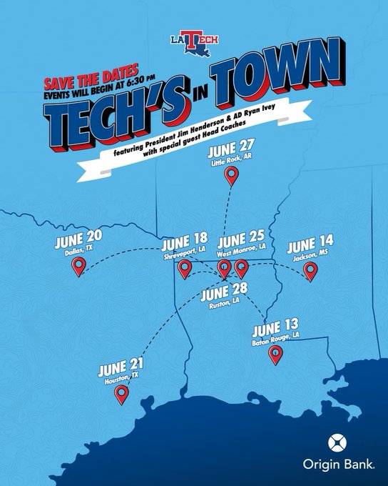 Throwback alert! TECH’S IN TOWN presented by @OriginBank is coming to you! Connect with University President @DrJBHenderson , AD @rivey35, head coaches, campus community members, and fellow Bulldogs in your area! Mark your calendars. 8️⃣ Dates. 8️⃣ Cities. Details to follow!