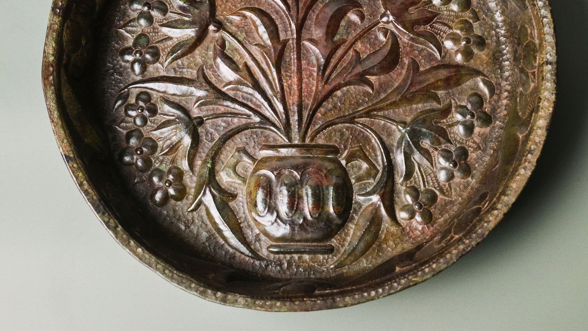 This bowl crafted from copper was made by John Pearson in 1893 and owned by Stanhope Forbes, a founding member of the Newlyn School of Painters.

The design is made using repoussé, a way of decorating metals by hammering the material from the inside to create patterns.