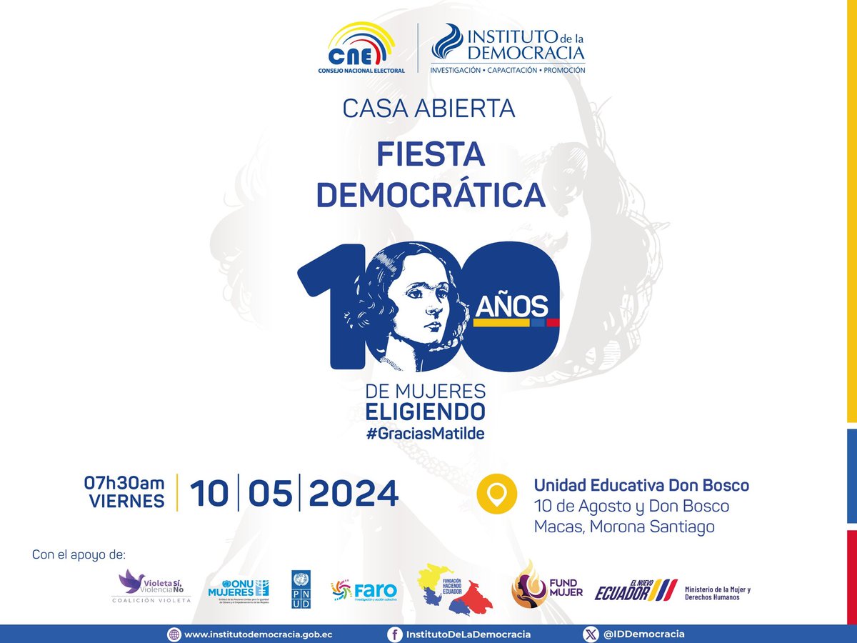 🙋🏻‍♀️ En conmemoración de los #100AñosVotoFemeninoEc, realizaremos en #MoronaSantiago la Casa Abierta: Fiesta Democrática, con el objetivo de brindar herramientas técnico-operativas que posibiliten a jóvenes ser actores clave en la transformación democrática en sus territorios.