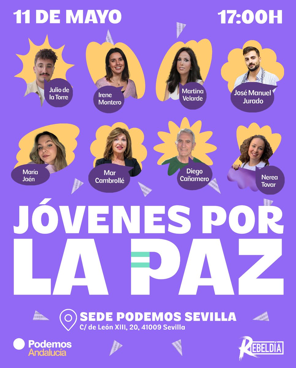 ☮️ 𝗗𝗲𝗳𝗲𝗻𝗱𝗲𝗿 𝗹𝗮 𝗣𝗮𝘇, 𝗳𝗿𝗲𝗻𝘁𝗲 𝗮𝗹 𝗻𝗲𝗴𝗼𝗰𝗶𝗼 𝗱𝗲 𝗹𝗮 𝗴𝘂𝗲𝗿𝗿𝗮 ! 🗓 Sábado, 11 de mayo 🕛 17h 📍Sede Podemos C/ LEÓN XIII, 20 Sevilla 🟣 Estaré compartiendo espacio con @TorreJuliodela, @IreneMontero, @MartinaVelardeG, @JMGJurado, @MilagrosMayoral,…
