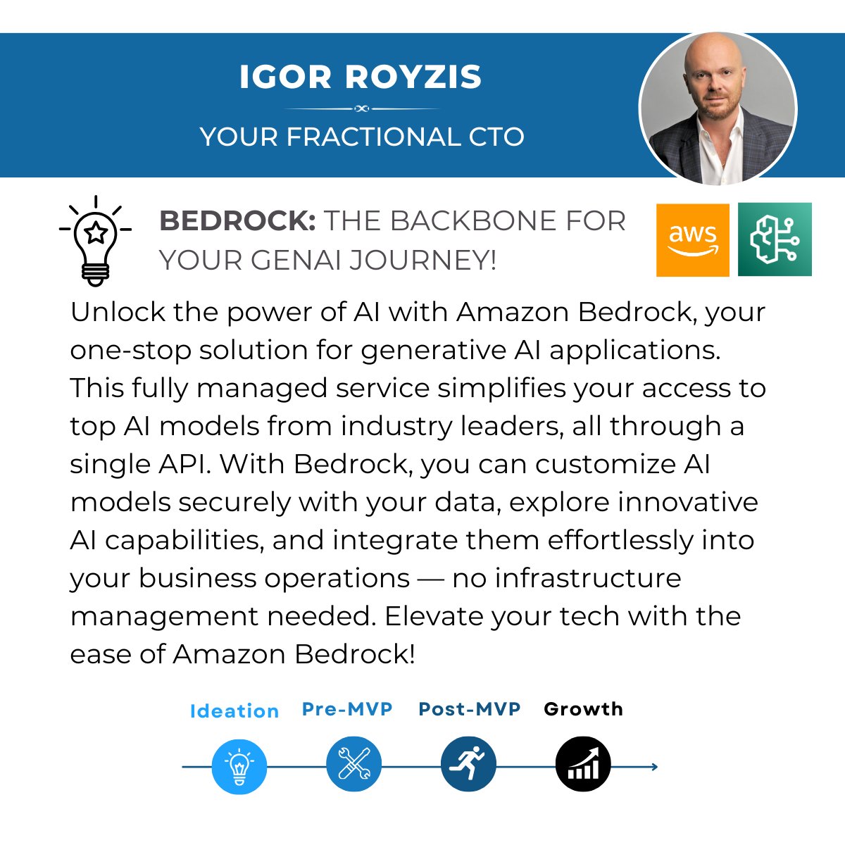 Amazon Bedrock: The Backbone for Your GenAI Journey!

Schedule your free consultation with me by clicking the link below!
calendly.com/iroyzis/30min

#FractionalCTO #Startups, #Technology, #CTO, #TechLeadership, #StartupGrowth #AmazonBedrock #GENAI #LLM