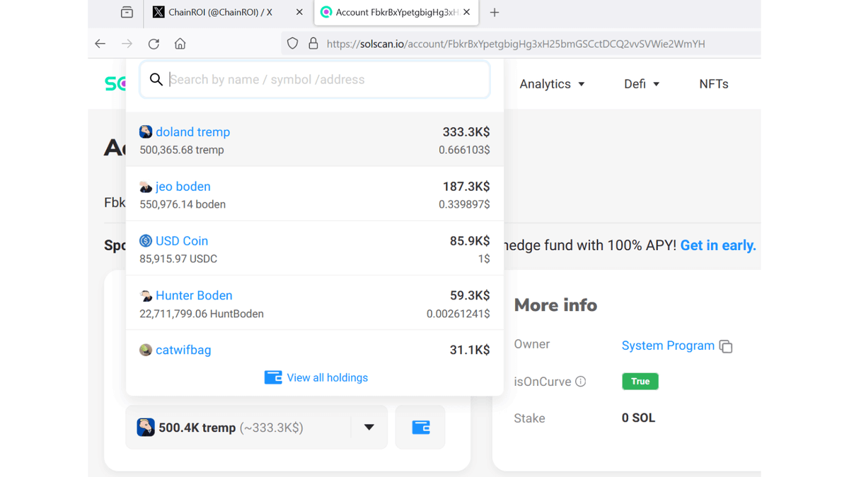 ChainROI's tweet photo. Researching addresses of new crypto millionaires 🧐

This crypto wallet made $1M in last 90 days with just two #SolanaMemeCoins 💸

In this #cryptoaddress are now 3 tokens worth $2M ⤵️
$SC by @SharkCatSolana, $TREMP by @dolandtremp_sol, $BODEN by @boden4pres

Solana address:
FbkrBxYpetgbigHg3xH25bmGSCctDCQ2vvSVWie2WmYH

As you can see - profitable niche of memecoins are now politicians memecoins 🎯

This not come as a surprise, since US elections are 6 months away ⏳