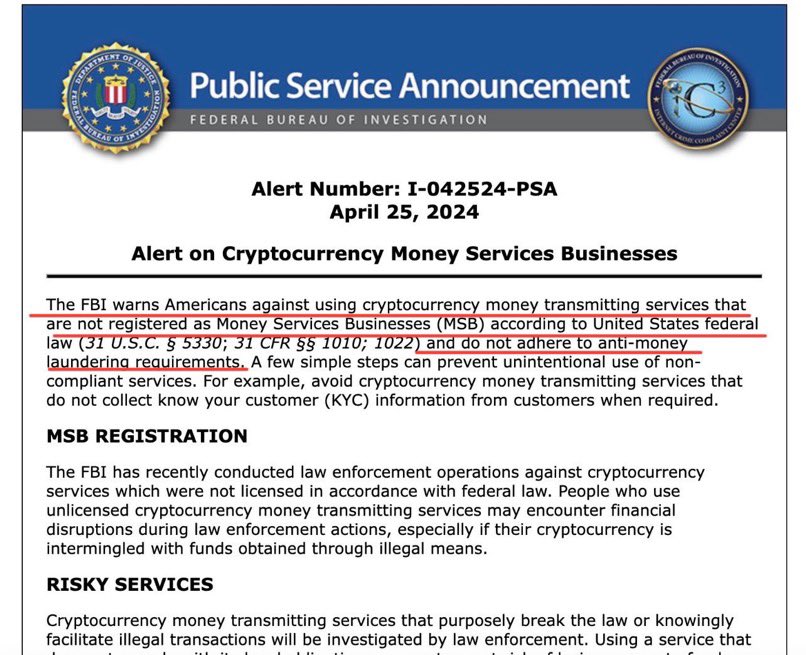🚨: The FBI strongly advises Americans to avoid utilizing cryptocurrency money transmitting services that are not officially registered as Money Services Businesses (MSBA). Ripple, on the other hand, is a proud member of MSBA. It is evident to me that $XRP is involved in a