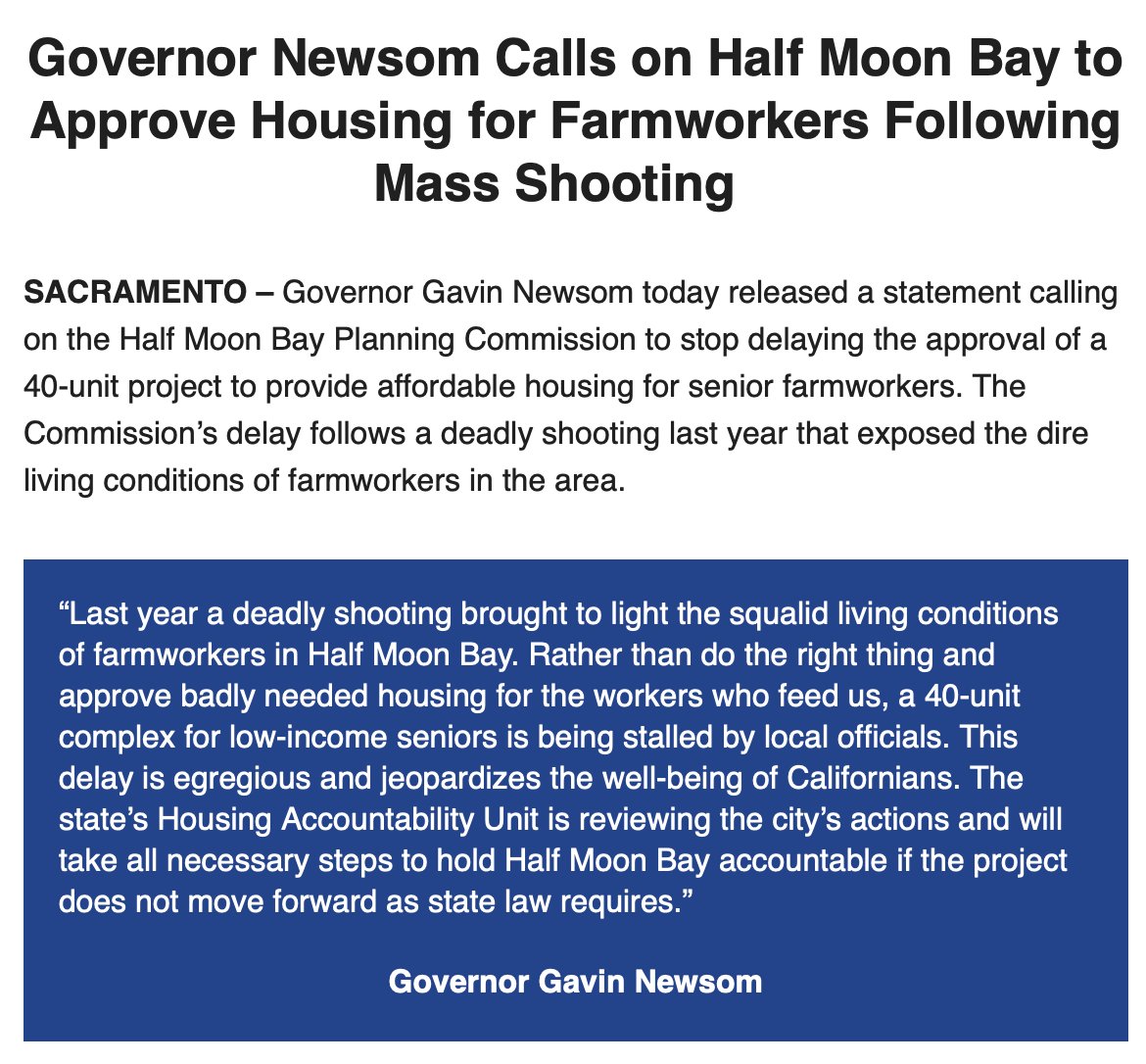 For weeks, the Half Moon Bay planning commission has been delaying a 100% affordable housing project for senior farmworkers, criticizing it over concerns about parking, height, and impact on coastal views. Now, even Gov. @GavinNewsom is joining those calling for its approval!
