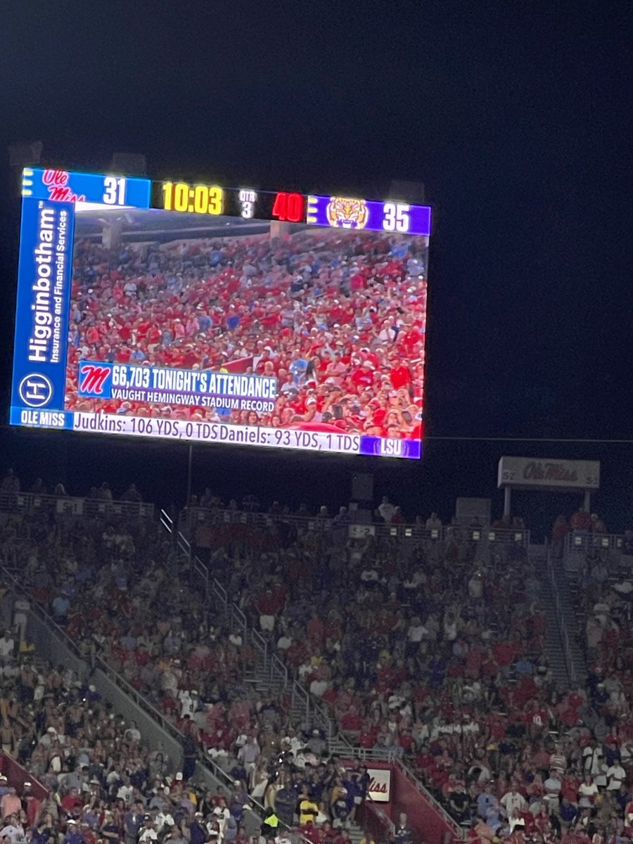 How many times will we break the attendance record this season? I say for sure against Georgia and possibly for Oklahoma! This was the best football game I’ve ever seen in person, by far. Come be a part of it this season. #HottyToddy 🔴🔵 @OleMissFB